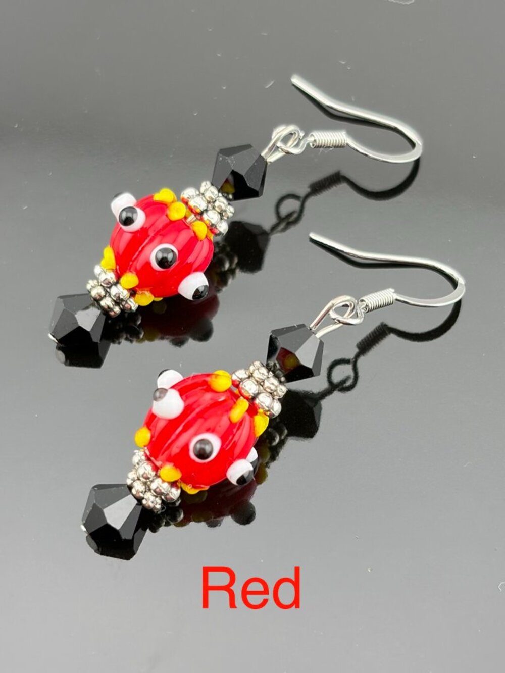 Colorful Dotted Lampwork Glass Bead Handmade Earrings RED LR241